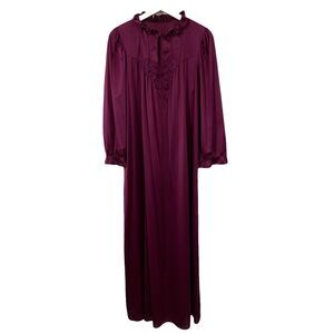 Vtg LORRAINE Size M Nightgown Burgundy Satin Silky Romantic Ruffle Neck Keyhole